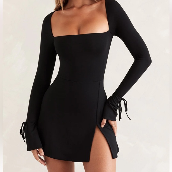 Oh Polly Dresses & Skirts - Square neck, long sleeve mini dress BLACK